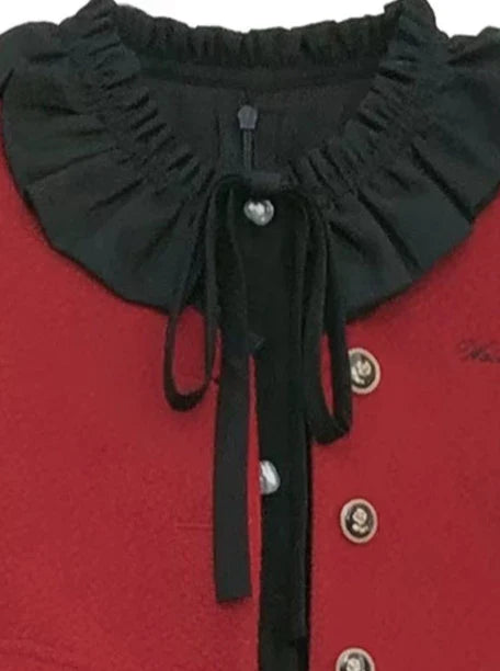 Veste lanterne rouge, manches de costume élégantes, volants, cravate, robe courte noire, ruban, rétro