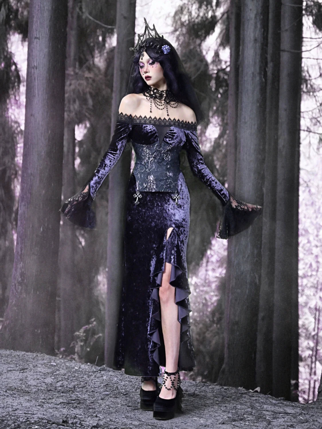 Mermaid Dress Slit One-Shoulder Slim Gothic Luna Velvet