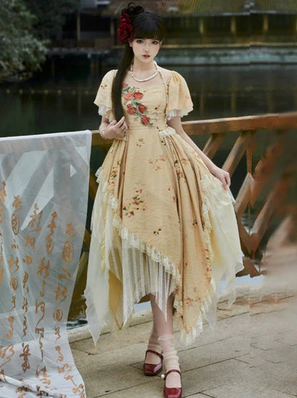 エレガントなストラップスクエアカラーローズオフショルダードレスイレギュラー