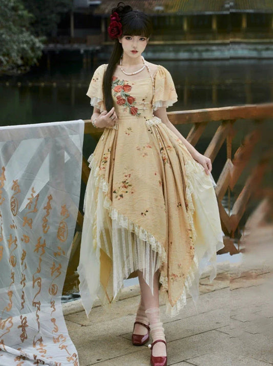 エレガントなストラップスクエアカラーローズオフショルダードレスイレギュラー