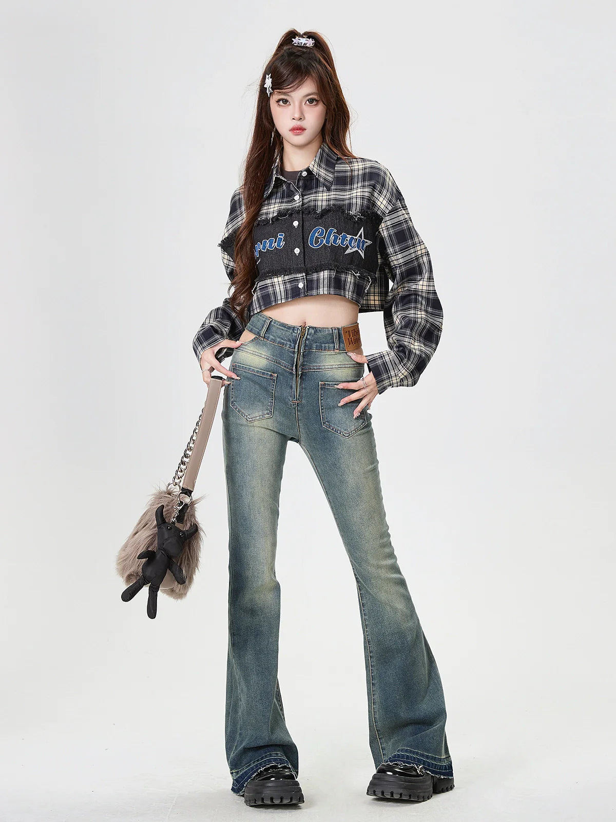 Check Splicing American Retro Short Shirt