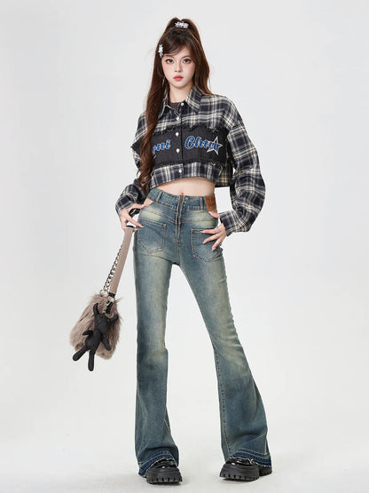 Check Splicing American Retro Short Shirt