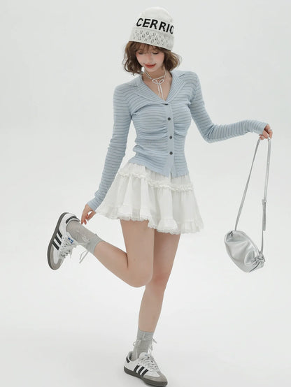 Knit Collar Light Stripe Top Blue Suit