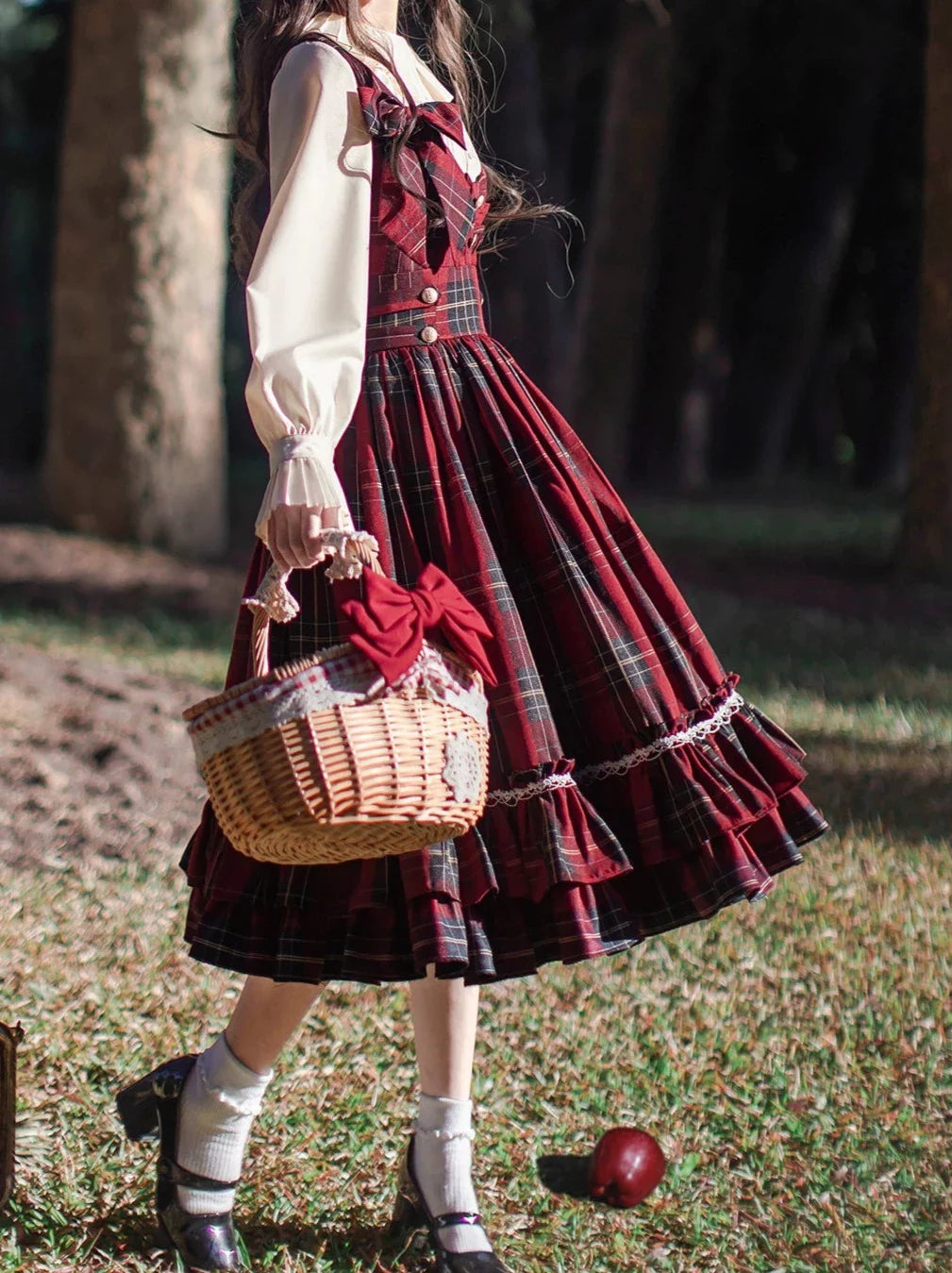 Robe Col Ruban Capuche Tête Montante Rouge Petit + Écharpe À Volants Plissée Cape Manteau Chemise À Carreaux