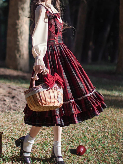 Robe Col Ruban Capuche Tête Montante Rouge Petit + Écharpe À Volants Plissée Cape Manteau Chemise À Carreaux