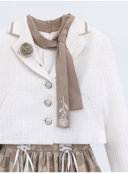 Rosenrock Retro + Brosche Jacke Fliege Hemd Krawatte Französisches Karo Kurzanzug Schnürung