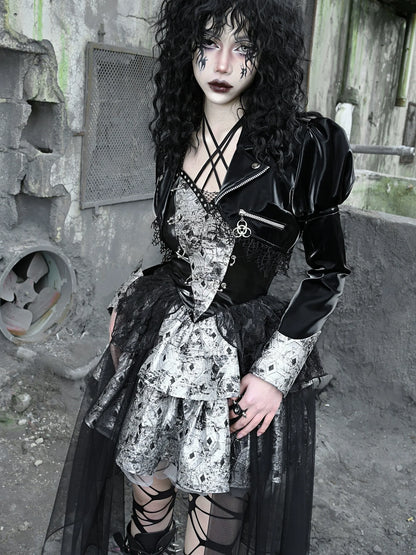 Spleißen Spitze Jacke Punk Mesh Leder PU Kurze