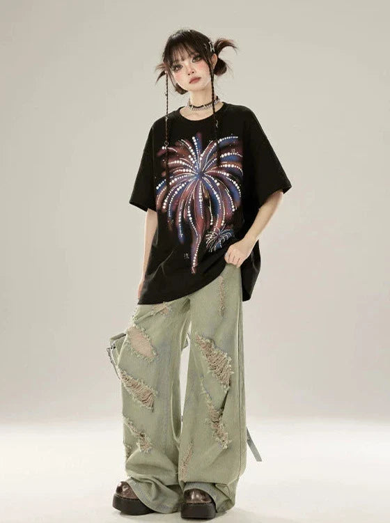Lockeres T-Shirt Fireworks Schwarz Print
