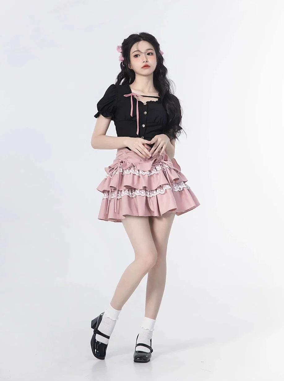 Sleeve + Skirt Cake Square Lace Top Ruffle Neck Puff