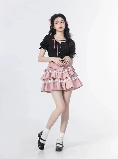 Sleeve + Skirt Cake Square Lace Top Ruffle Neck Puff