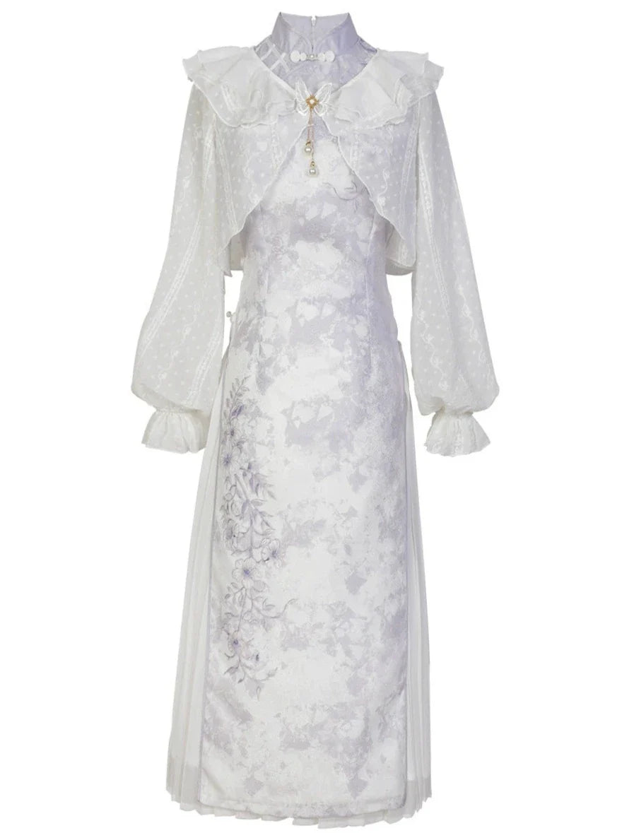 Robe chinoise à volants + cardigan violet à fleurs transparentes légères