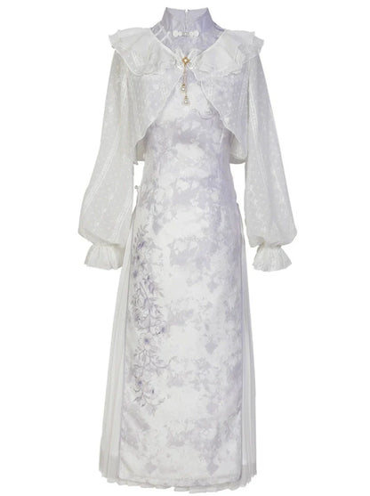 Robe chinoise à volants + cardigan violet à fleurs transparentes légères