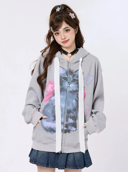Sweat à capuche zippé avec ruban rétro et oreilles de chat