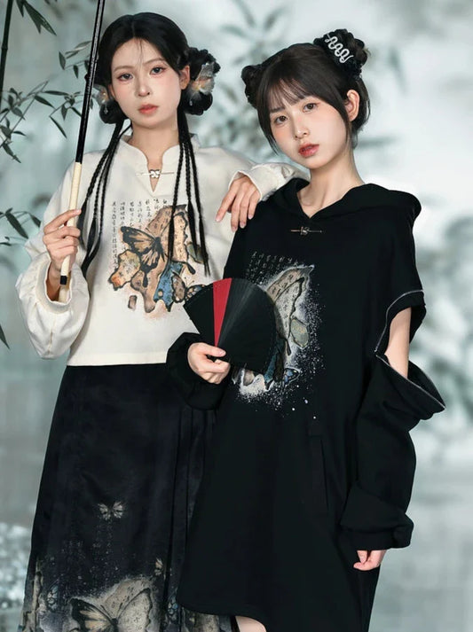 China Sweatshirt Zip + Black Parka Butterfly Dress Design Hoodie Cropped