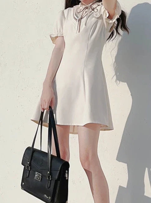 Style Dress Sleeve V-neck Emblem Shirt Badge Preppy Ribbon + Puff Ruffle