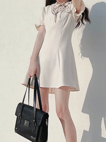 Style Dress Sleeve V-neck Emblem Shirt Badge Preppy Ribbon + Puff Ruffle