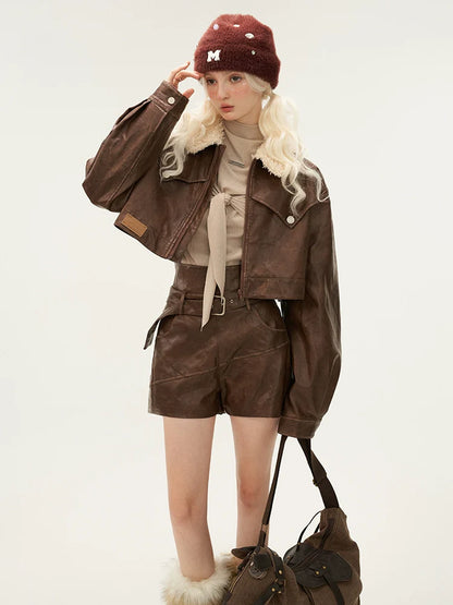Osh Design Leather Fur Collar Jacket + Short Leather Pants