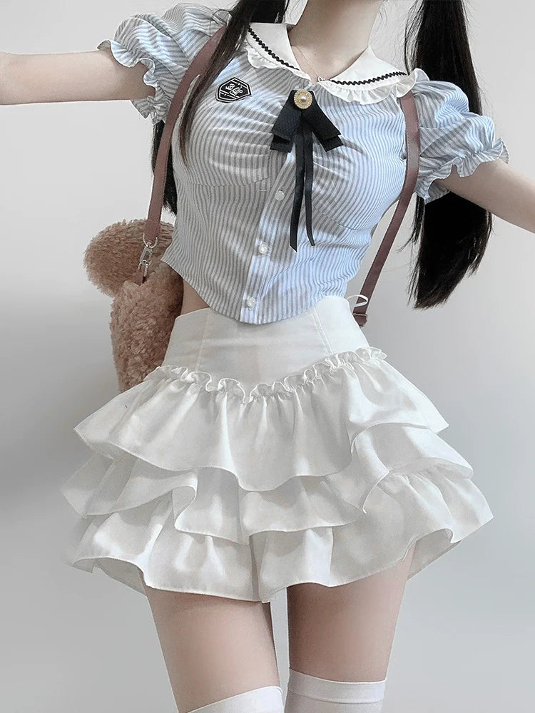 Girl Puff Flared Skirt Ribbon Top Ruffle Slim Sweet Sleeve