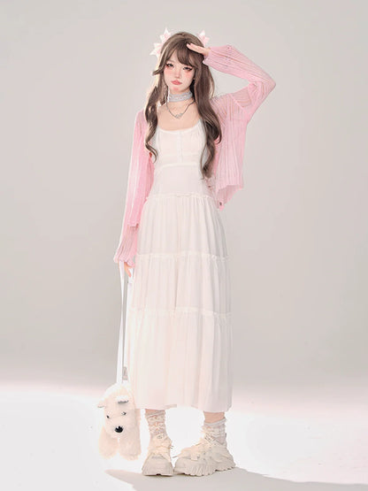 Moonlight + Cardigan Suspender Knit Summer Dress Sheer