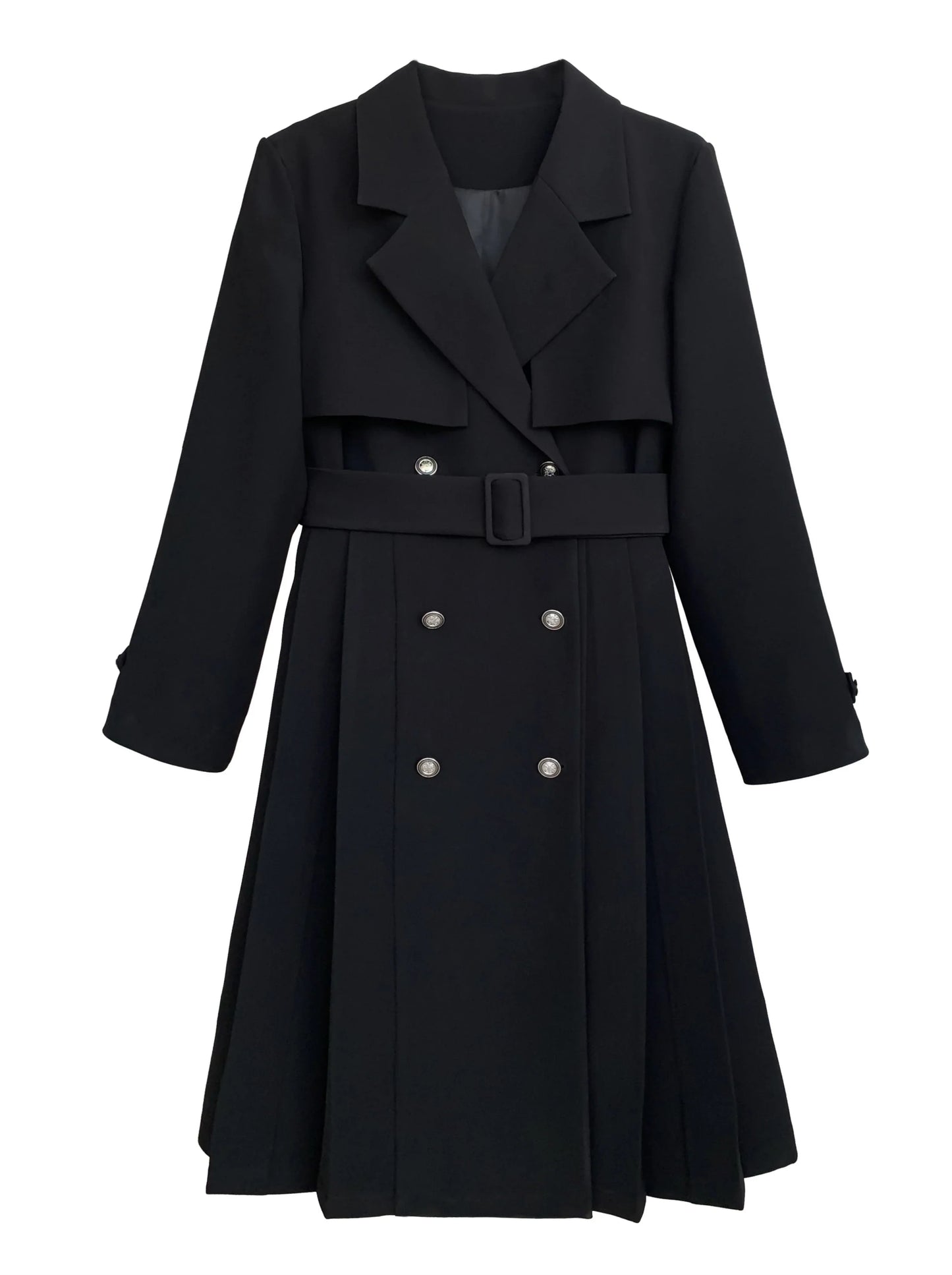 Trench-coat plissé en métal avec badge brodé en ruban noir et jupe chemise