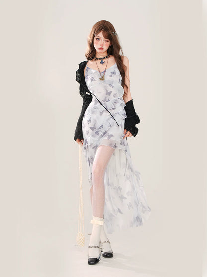 Summer Chiffon Dress Butterfly Cardigan + Asymmetrical