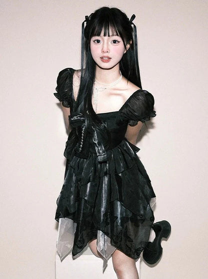 Sleeveless Bow Black Puff Ribbon Dress