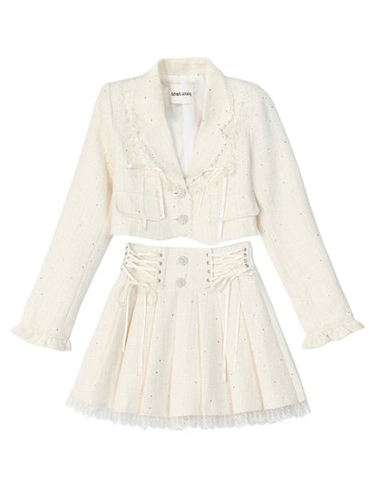 Ensemble + Jupe courte à volants Veste à lacets en tweed plissée