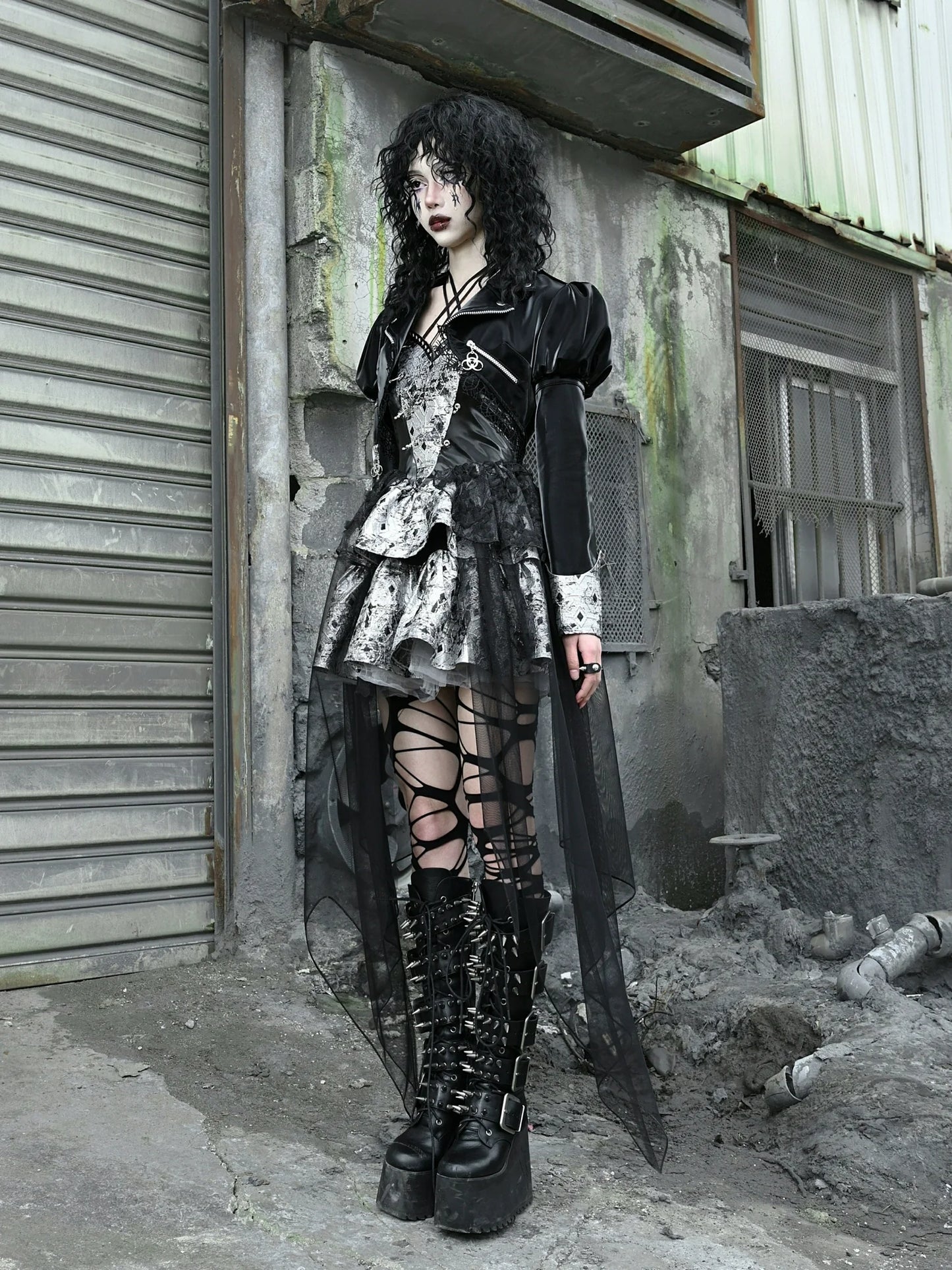 Spleißen Spitze Jacke Punk Mesh Leder PU Kurze