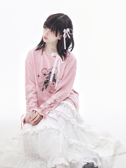 Ensemble haut en dentelle blanc et jupe fleurie rose