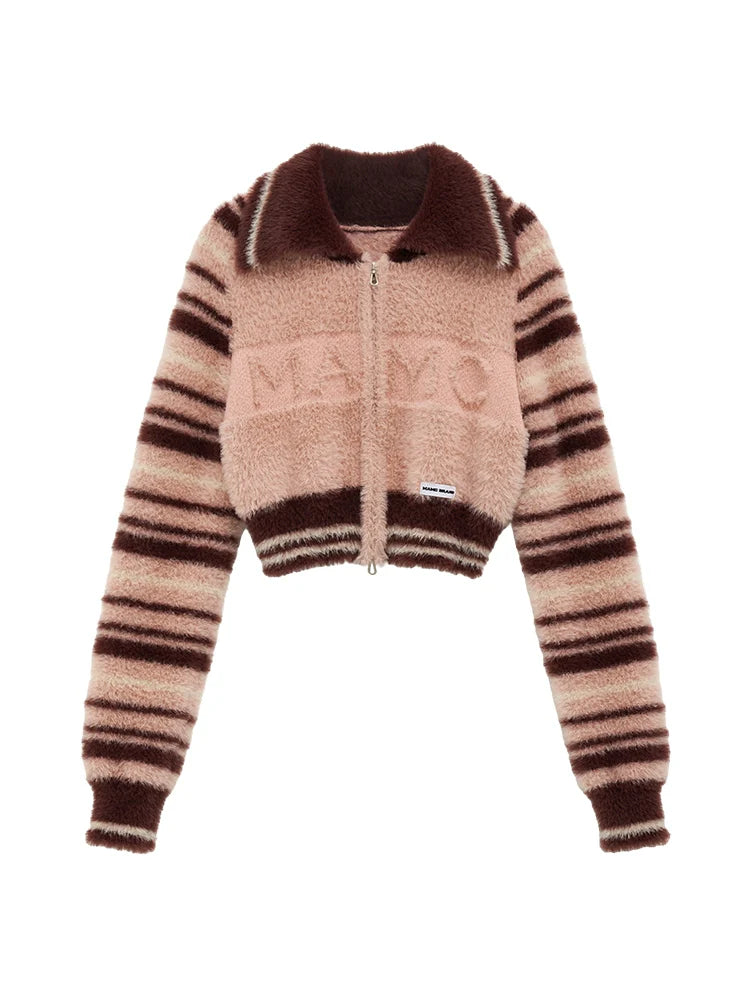 Striped Double Wool Zipper Cardigan Top