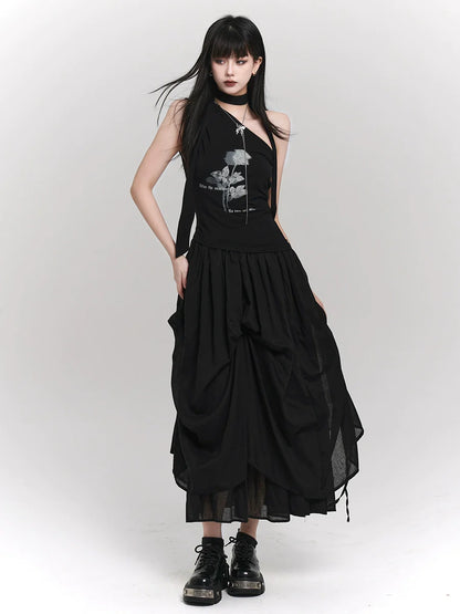 ロングスカート 夏 ブラック ダーク