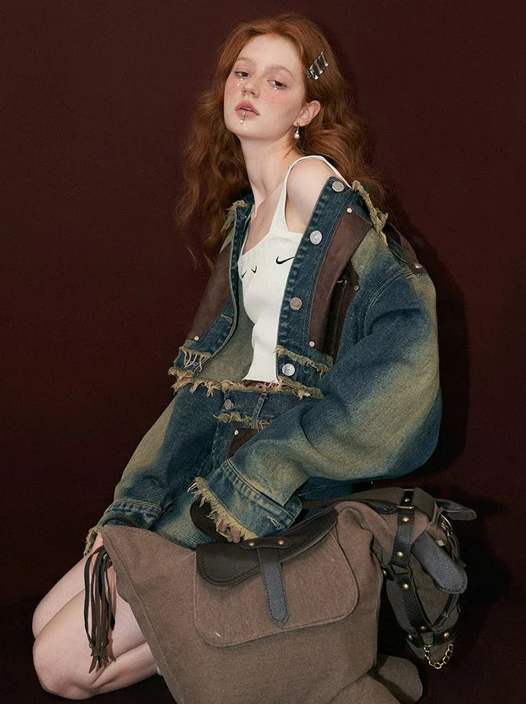 Veste en jean Osh Denim + Jupe Patchwork Cuir Court Rétro