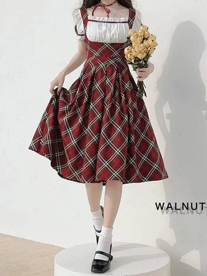 Ruban élégant gâteau bouffant à carreaux manches rouges vintage framboise écossais + robe ras du cou