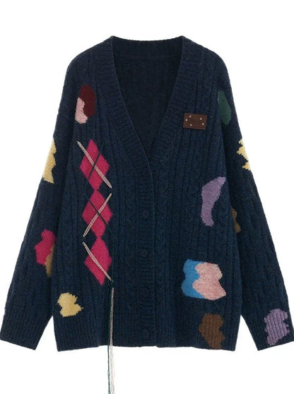 Asymmetrical Knit Over Design Cardigan Retro Colorful