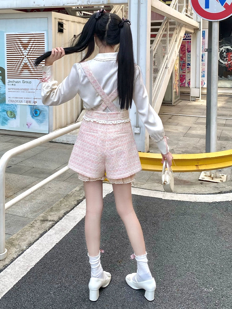 Girl Blouse Pants Pink Suspender Pure Tweed