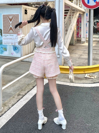 Girl Blouse Pants Pink Suspender Pure Tweed