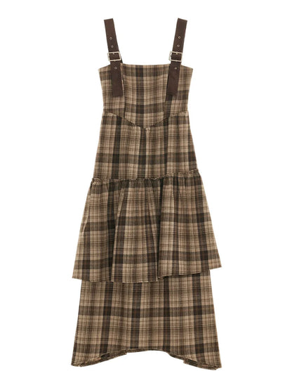 Check Leather Damaged Suspender Skirt
