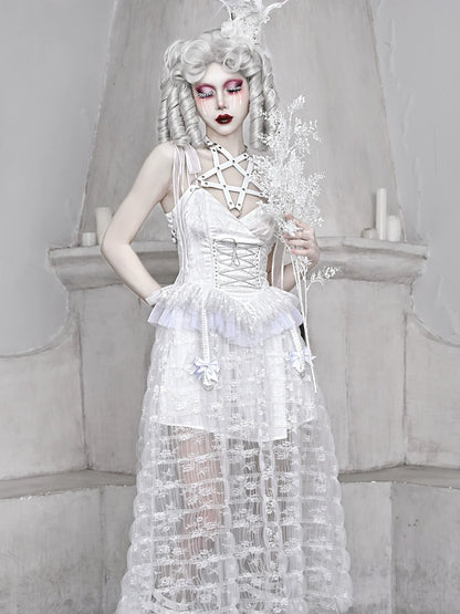 Mesh Schlafen Pentagramm Gothic Spitze Hosenträger Weiß Alice Dunkles Kleid