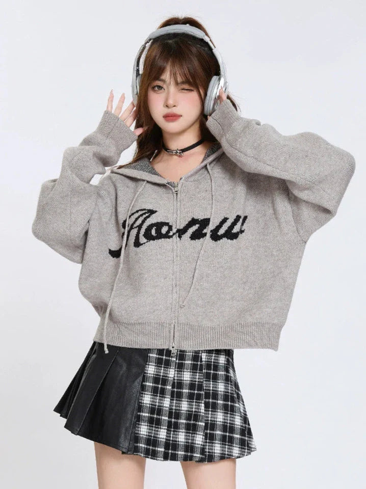 Double Hoodie Knit American Zip Cardigan