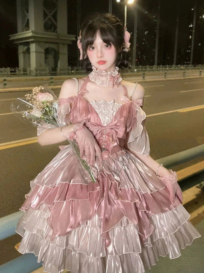 Robe de princesse rose élégante et moelleuse, ensemble de fées fleuries