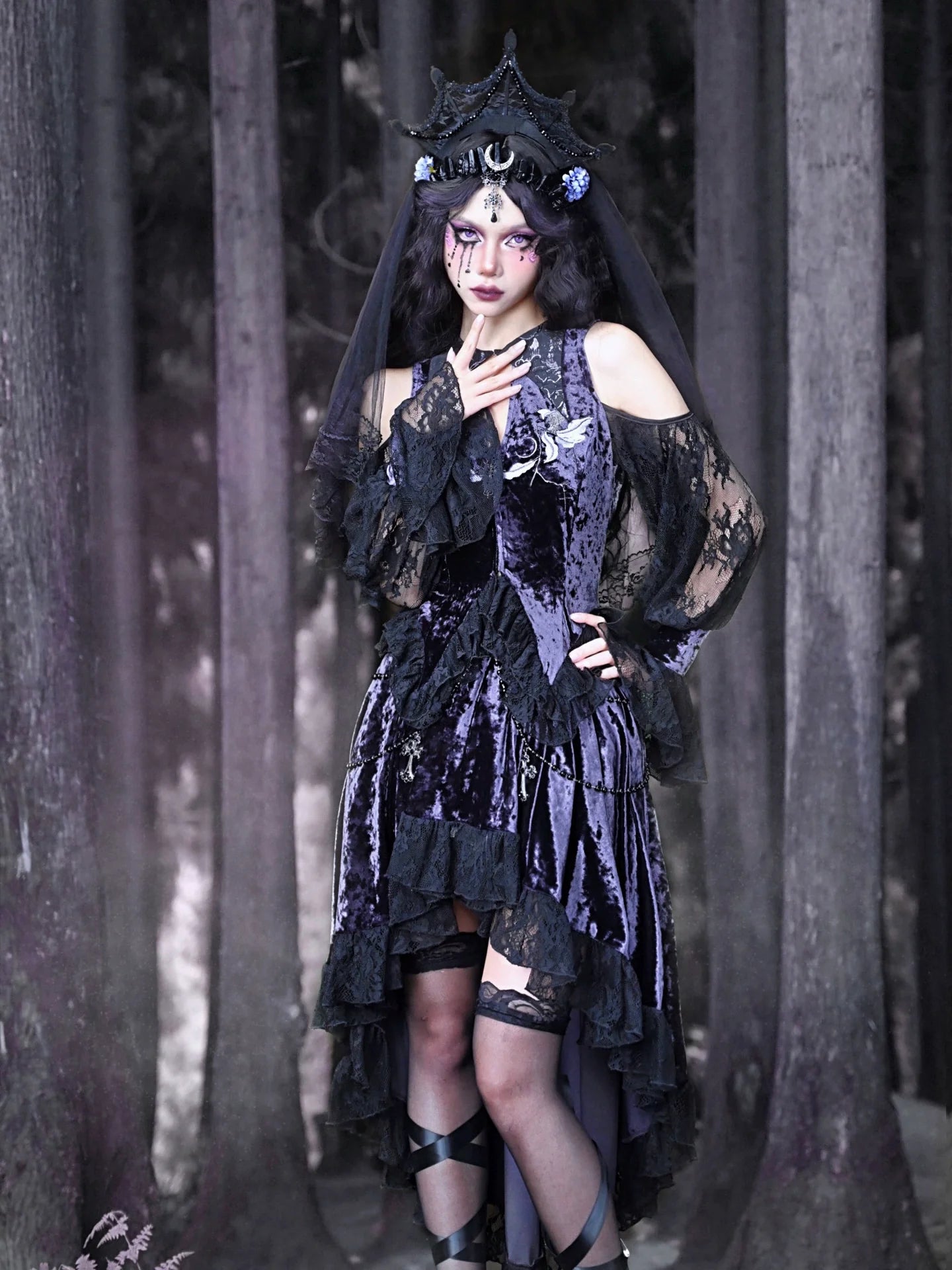 Lunaf Velvet Embroidered Gothic Bell Top Lace Sleeve Collar Pointed
