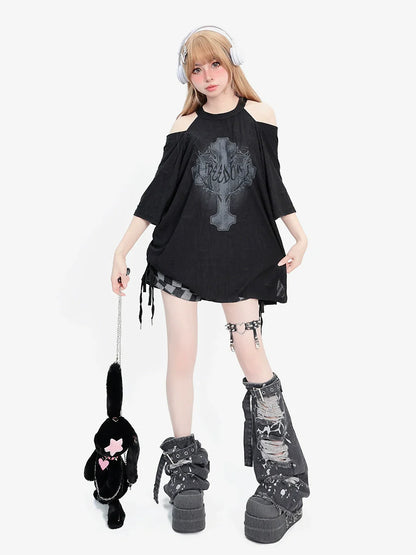 Punk Clip-Long Strand Off-Shoulder T-Shirt Yabi-Way