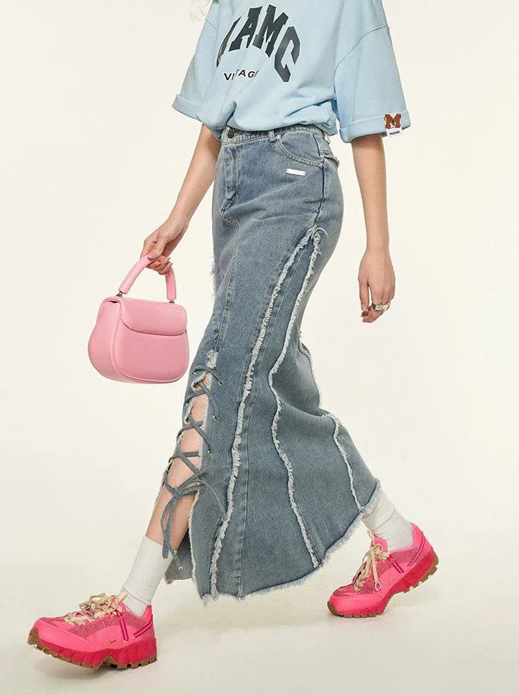 Slit Asymmetrical Damaged Skirt Denim Retro