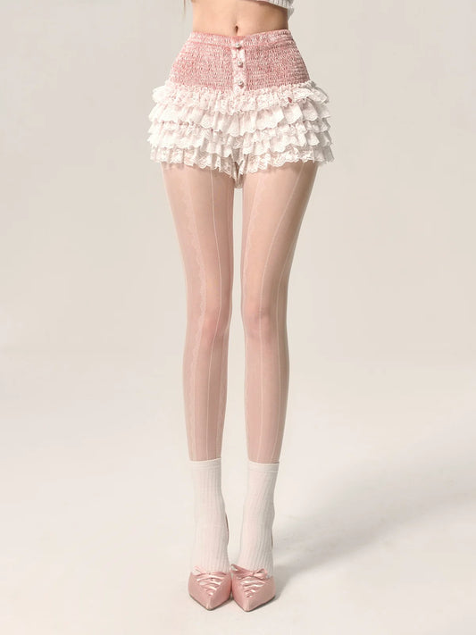 Cake Pink Style Lace A-Line Skirt Shorts White Part