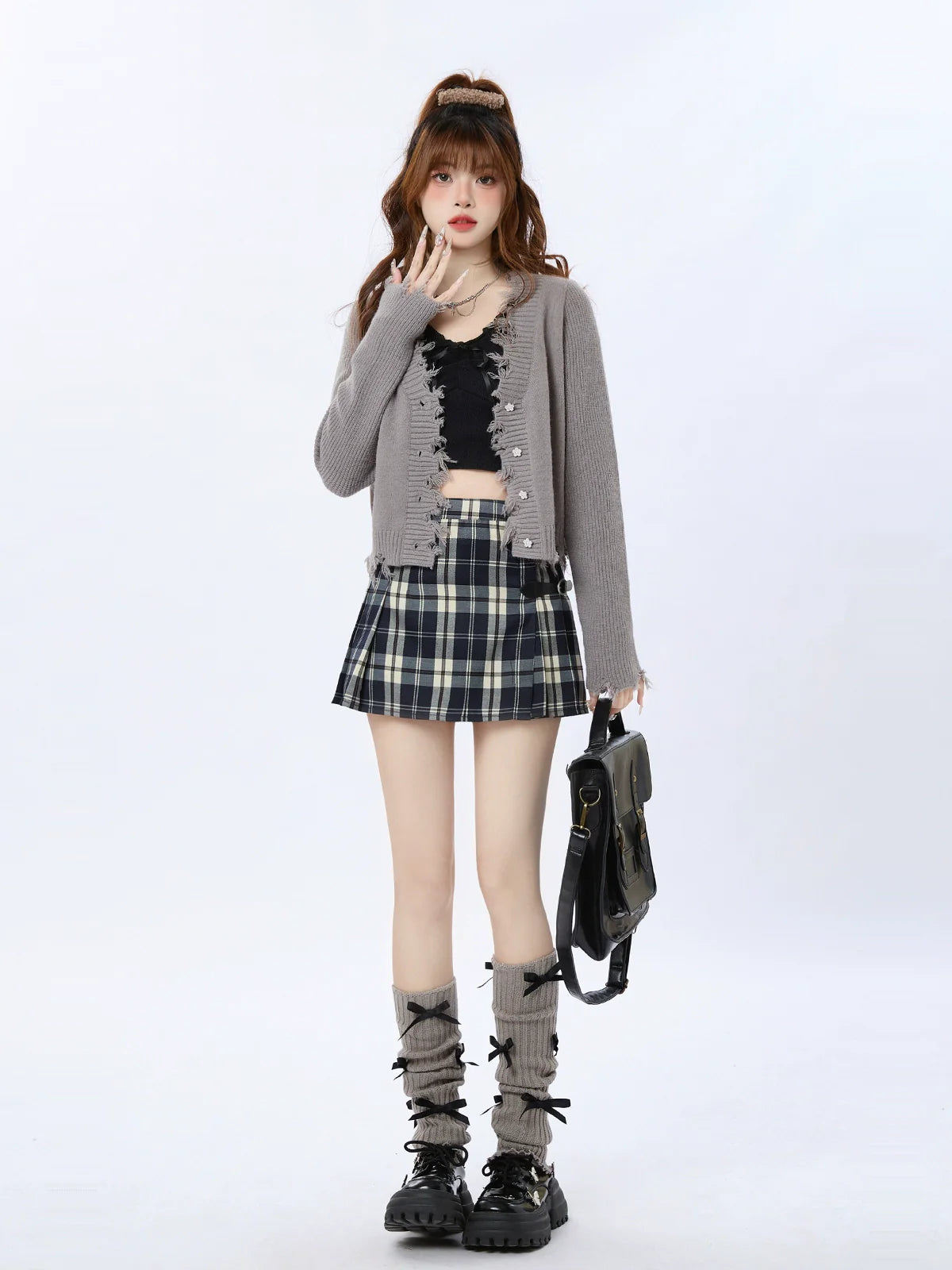 Buckle Leather Style Check Skirt College Retro