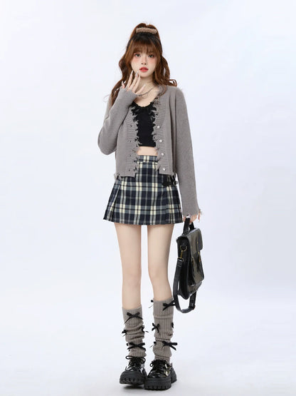 Buckle Leather Style Check Skirt College Retro
