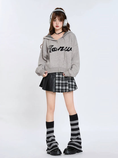 Double Hoodie Knit American Zip Cardigan