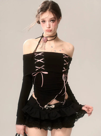 Strap Top Ribbon Off-the-shoulder Ruffle High-end