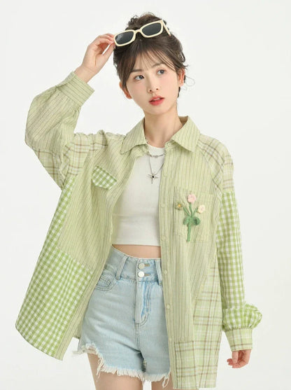 カジュアルミントショートシャツ+スカートインナーチェックニットスウィート