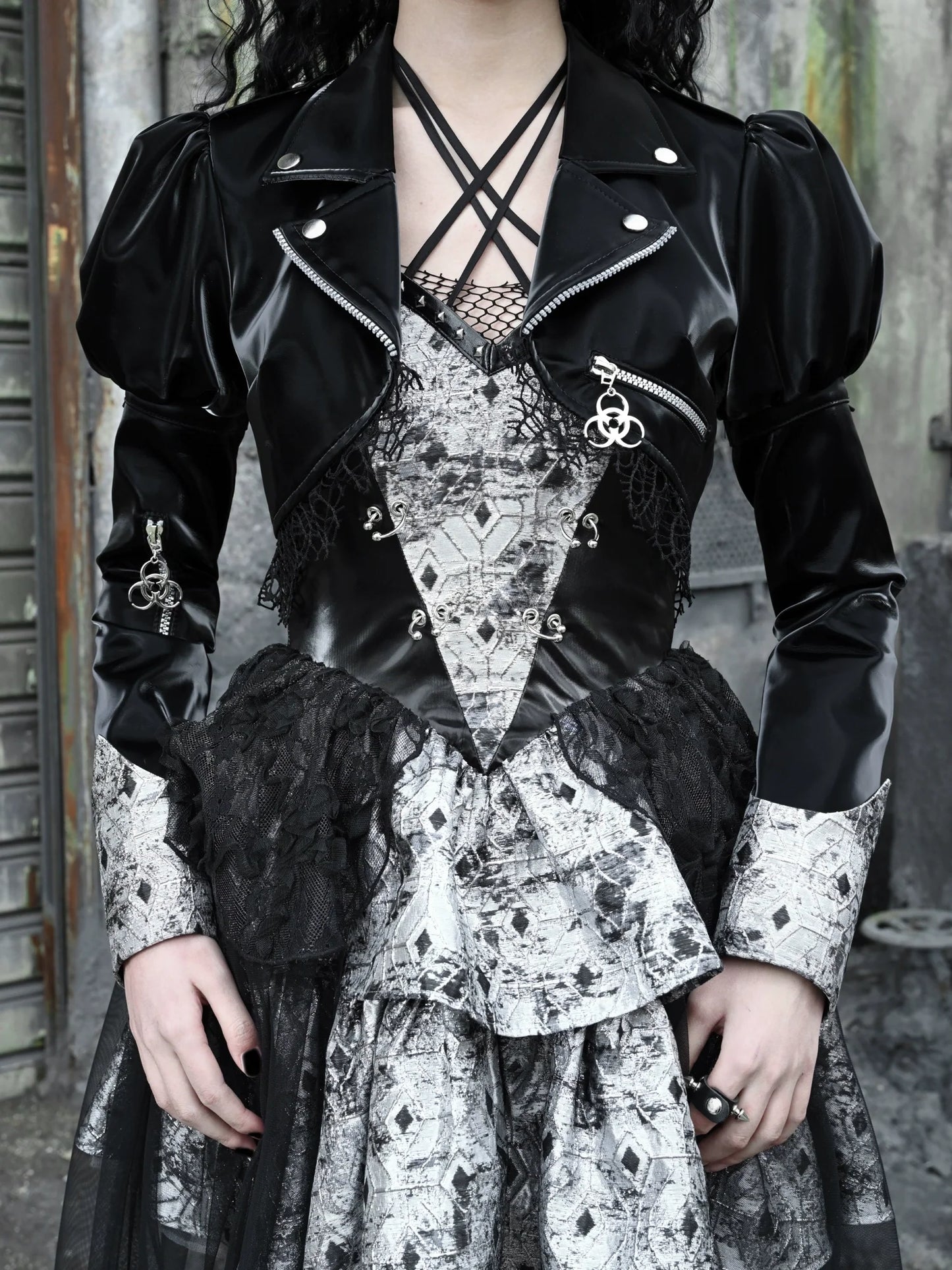 Spleißen Spitze Jacke Punk Mesh Leder PU Kurze